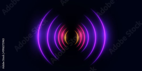 Neon wireless communication concept using digital signal pulses and network connection diagram. Radar, communication, network, signal, digital, vector graphics.