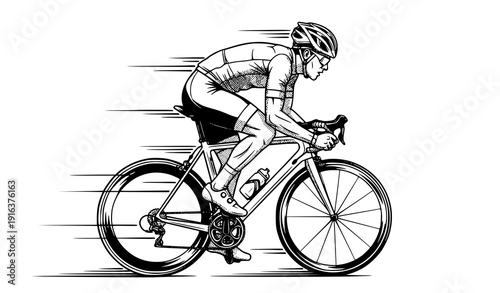 Cyclist in Motion Side View Black and White Vector Illustration Isolated
