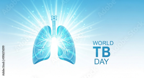 World tb day awareness poster with illuminated lungs and trachea on blue background