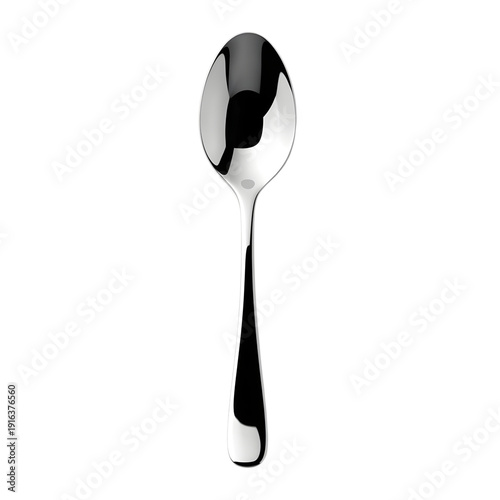 A silver spoon is placed on a white background viewed from directly above