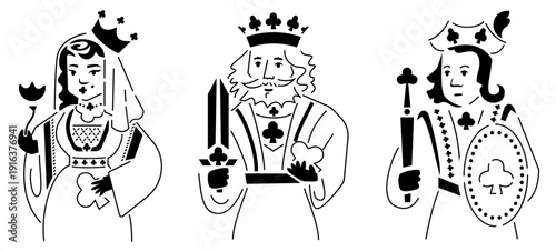 Dame roi et valet de trèfle enseigne carte à jouer jeu de société noir