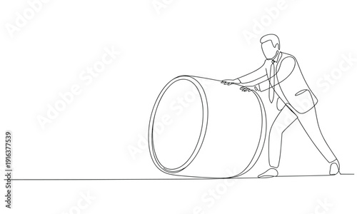 Businessman pushes a large roll or cylinder forward with effort