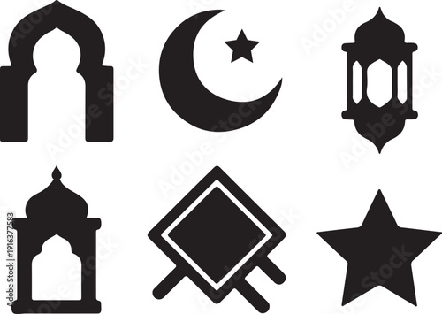 Islamic Ramadan icon set with mosque arch, crescent moon, lantern, and star silhouettes.