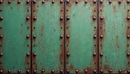Weathered green metal panel texture background with rivets and peeling paint. Aged rustic grunge surface shows signs of corrosion and wear, ideal for industrial design overlays.