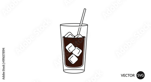 Refreshing iced coffee in a tall glass with ice cubes and straw, simple line art vector illustration