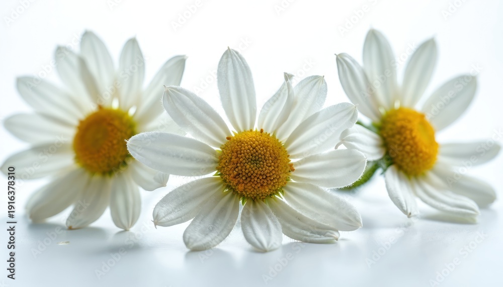 Obraz premium Three white daisy flowers with yellow centers sit in soft light. Detailed view of daisy blossoms with delicate petals. White background isolates delicate flora.