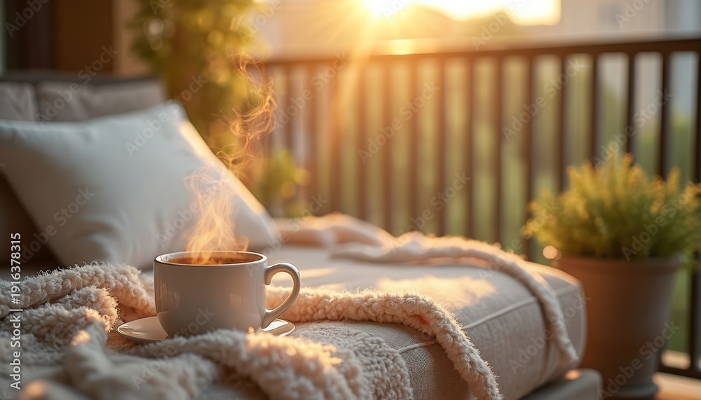 Obraz premium Steaming coffee cup on cozy balcony with sun rays. Soft blanket on chair, green plant nearby. Peaceful urban morning scene, warm daylight illuminates comfort.