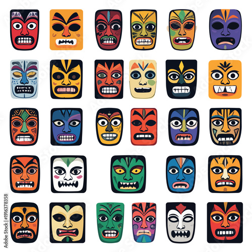Vibrant Red Tribal Totem Mask Vector Illustration with Ritual Ornaments