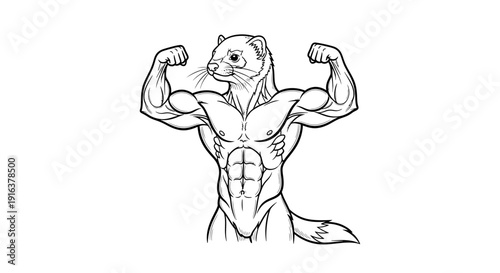 Muscular Ferret Flexing Biceps, Cartoon Style, Strong Animal Character