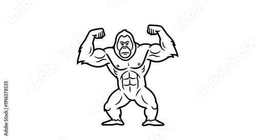 Muscular Gorilla Flexing Biceps, Strong Ape Bodybuilder, Fitness Icon, Black and White Line Art