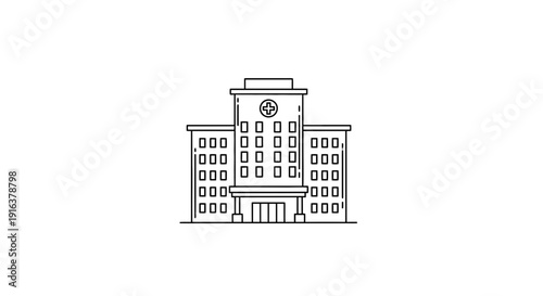 Modern Hospital Building Icon, Medical Healthcare Clinic Facade, Vector Line Art