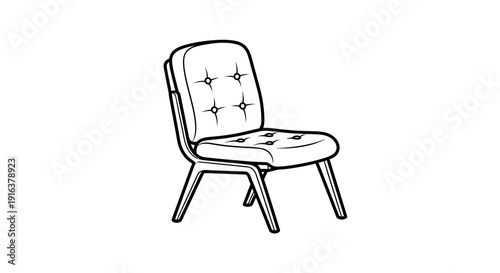 Modern Tufted Accent Chair, Minimalist Line Art Drawing, Isolated on White Background