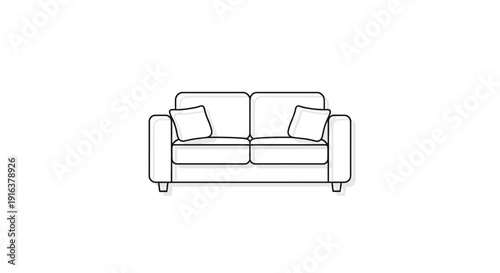 Modern Sofa Icon, Minimalist Line Art Illustration of a Two-Seater Couch with Cushions