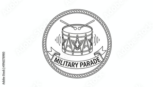Military Parade Drum with Sticks and Banner, Vintage Line Art Emblem