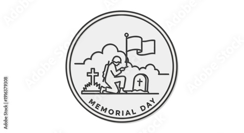 Memorial Day Soldier Kneeling at Grave with Flag and Cross