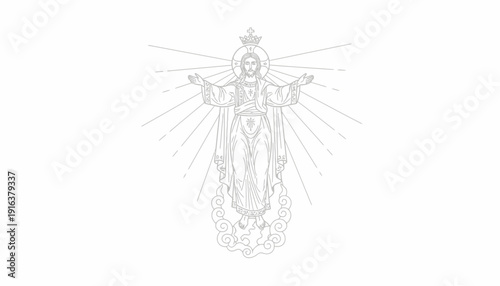 Jesus Christ Ascending to Heaven, Religious Illustration, Divine Light, Crowned, Heavenly Scene