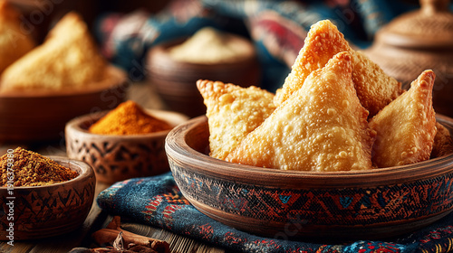 Wallpaper Mural Golden samsa pastries with crispy crust in ceramic bowl beside spices and textile.
 Torontodigital.ca