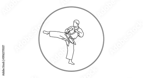 Karate fighter performing a side kick in a circular frame, black and white line art