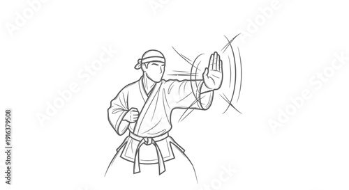 Karate fighter performing a defensive block with open hand, dynamic motion lines