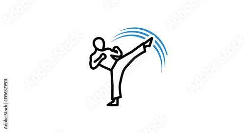 Karate fighter performing a dynamic side kick with motion lines, minimalist outline style