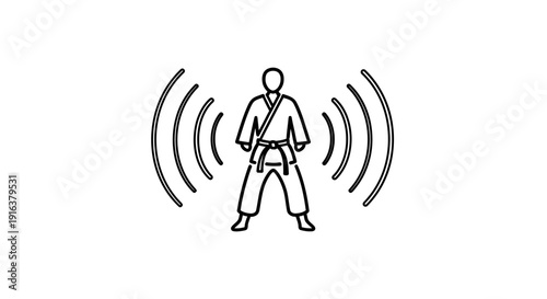 Karate fighter with radiating energy waves, martial arts power concept, black and white line art