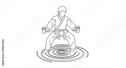 Karateka in a fighting stance, dynamic energy ripples around feet, martial arts concept