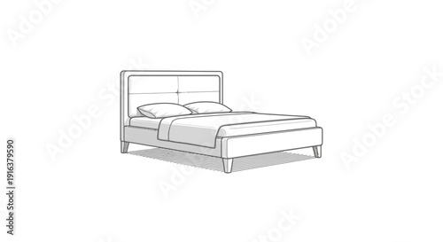Hand-drawn sketch of a modern bed with pillows and bedding, isolated on white background