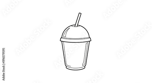 Hand-drawn sketch of a disposable cup with a dome lid and straw, isolated on white background.