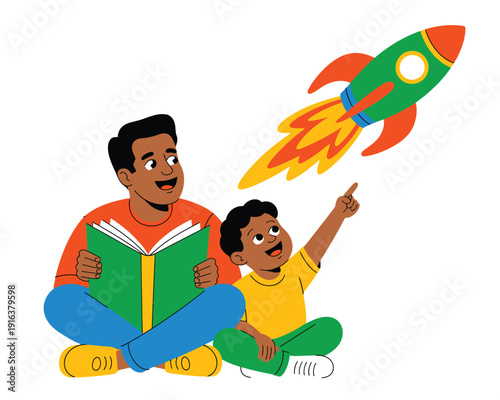 Father and son sitting together, reading a book and imagining a flying rocket.