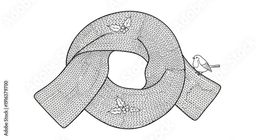 Hand-drawn winter scarf with holly and robin bird, festive holiday illustration