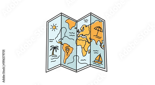 Hand-drawn World Map with Travel Icons: Palm Tree, Sailboat, Sun, Location Pin