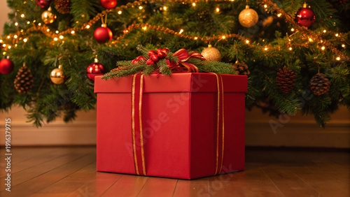 Holiday gift box placed under a Christmas tree with decorations and lights in a warm home setting
