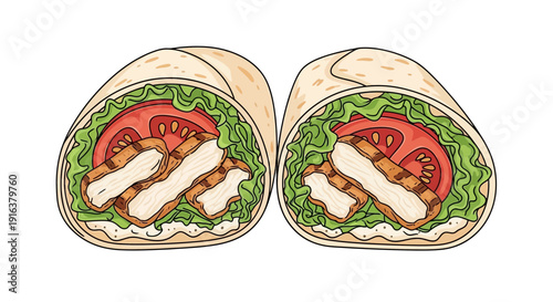 Healthy Chicken Caesar Wrap Cut in Half, Fresh Ingredients, Delicious Lunch Meal