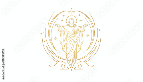 Golden Jesus Christ Line Art Icon with Cross and Stars - Religious Symbol
