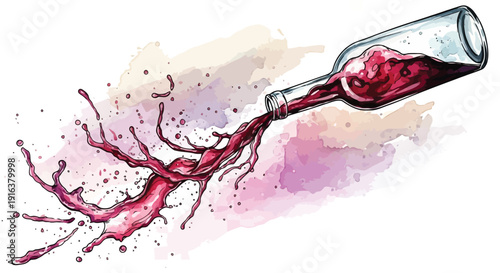 Red wine splashing out of a glass bottle dynamically