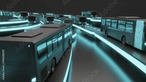 Wallpaper Mural Digitally Rendered Buses Moving Along Futuristic Road at Night Torontodigital.ca