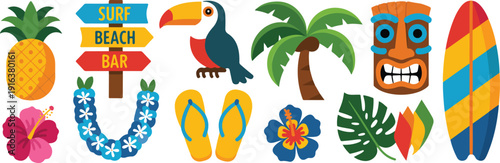 Tropical Summer Vacation Icons Vector Set with Surfboard Pineapple Tiki Mask and Palm Tree