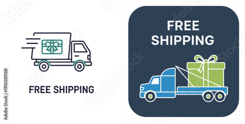 A professional set of logistics icons featuring a "FREE SHIPPING" van with a gift box and a blue semi-truck hauling a large green present, highlighting premium and complimentary delivery services.