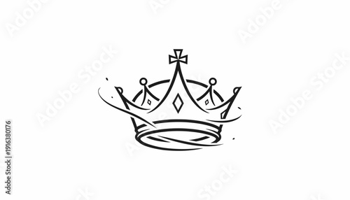 Elegant Black Crown Icon with Ornate Details and Swirls on White Background