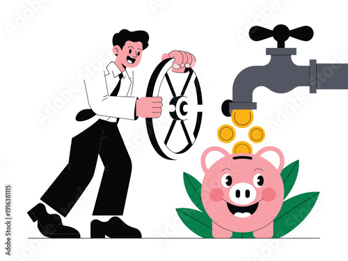 Businessman controls water faucet filling a piggy bank with golden coins.