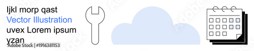 Cloud computing, IT management, maintenance, scheduling, data organization, time management. A cloud, a wrench maintenance and a calendar icon. Cloud computing and IT management