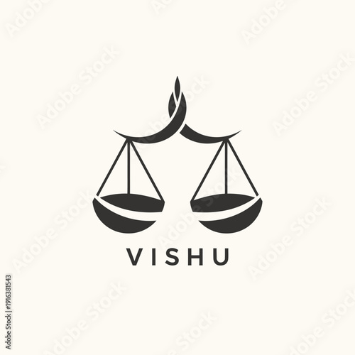 Minimalist Black Balance Scale Logo Design with Vishu Text, Symbolizing Justice, Law, and Equilibrium
