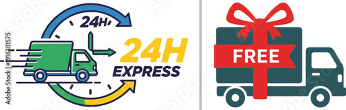Vector graphics featuring delivery trucks with "24H EXPRESS" and "FREE" shipping labels. These icons illustrate fast logistics, round-the-clock service, and promotional delivery offers.