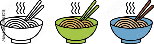 Hot Noodle Bowl Icon Set Vector Illustration with Steaming Ramen Bowls and Chopsticks