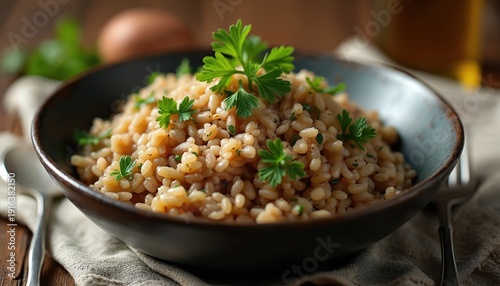 Bowl of wild rice pilaf with fresh parsley garnish. Close up of grain dish served on rustic wood table with linen napkin and cutlery. Savory food preparation and serving.
