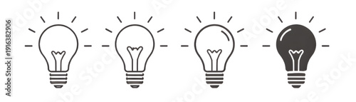 Light Bulb Icon Set Featuring Outline, Heart Filament, Circular Accent and Solid Filled Variations in Minimal Black Line Style Isolated on Light Background for Creativity and Innovation Concepts