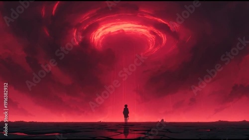 A lone figure stands in an anime style landscape under a dramatic red sky