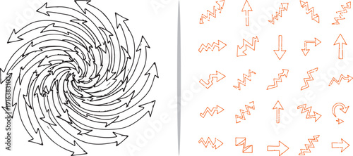 A complex vector set featuring a massive circular swirl of thin outline arrows and a collection of orange zigzag directional icons. Ideal for illustrating chaos, cycles, and energetic movement.