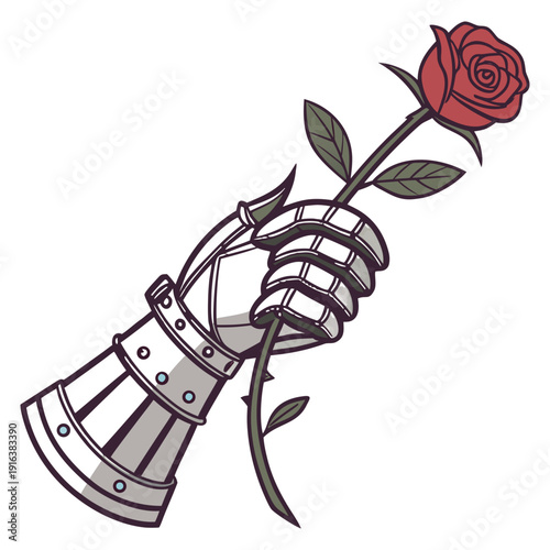 Red Rose in Medieval Knight Gauntlet Romantic Fantasy Armor Hand Vector Illustration