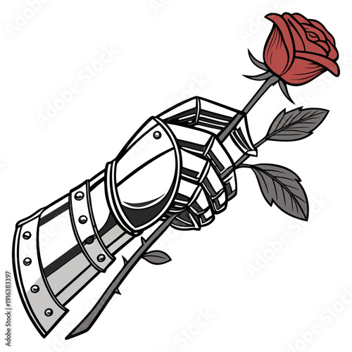 Red Rose in Medieval Knight Gauntlet Romantic Fantasy Armor Hand Vector Illustration